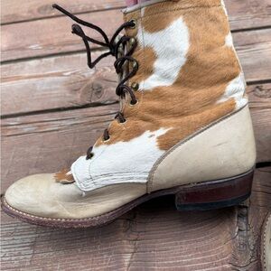 Larry Mahan Cream and Brown Lace Up Boots
